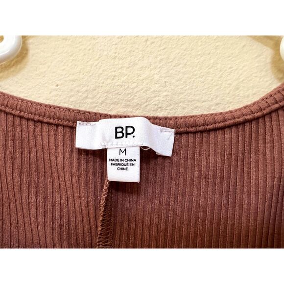 BP Tie Front Lettuce Edge Mini Dress, Tan Color Women Size M, Rib Knit Dress - Picture 5 of 13